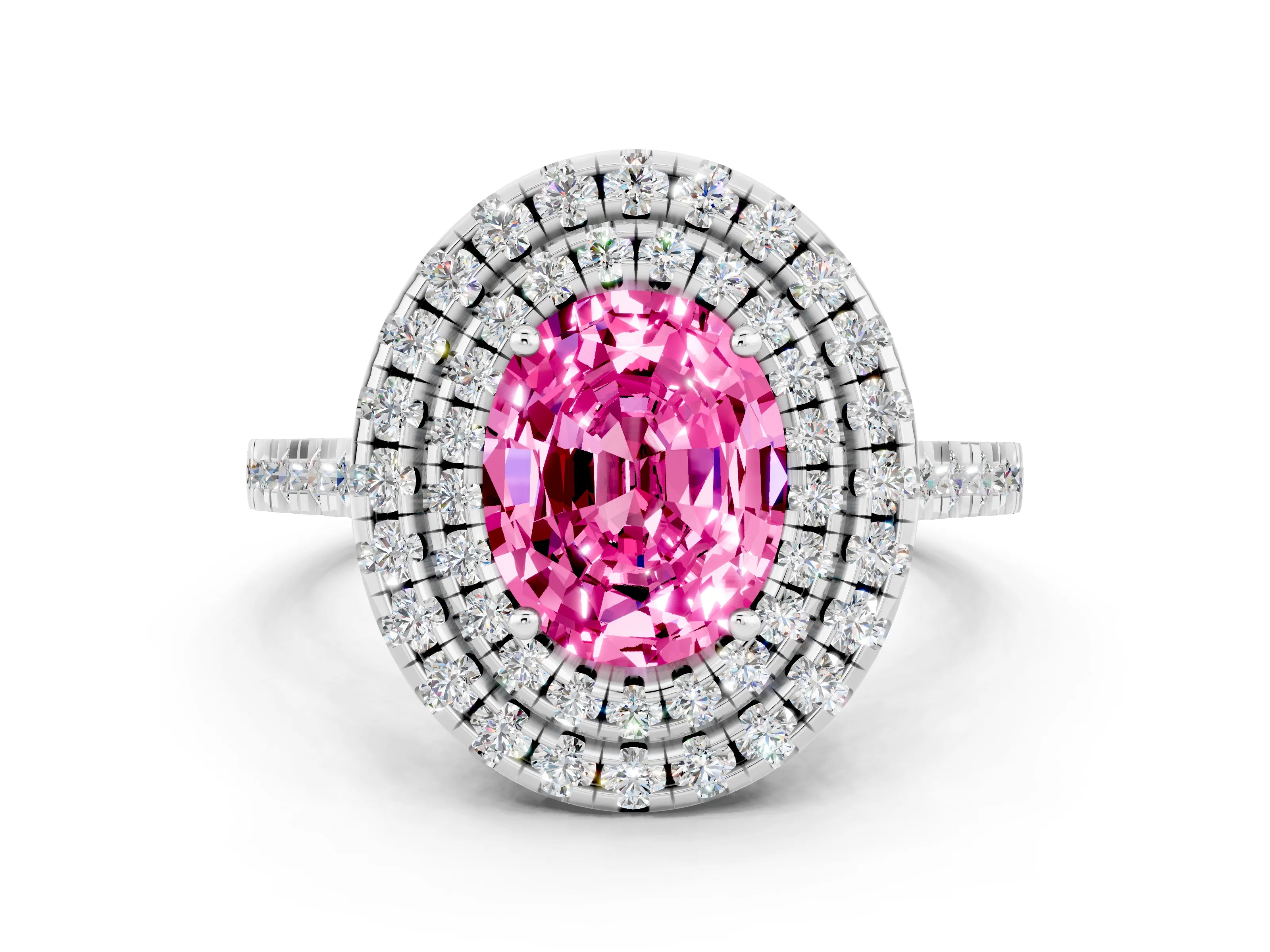White gold Double Halo Oval Cut Pink Sapphire Pavé Band with Four-Prong Setting_24