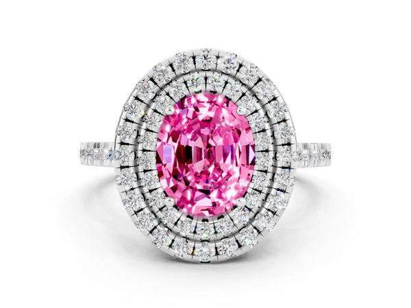White gold Double Halo Oval Cut Pink Sapphire Pavé Band with Four-Prong Setting