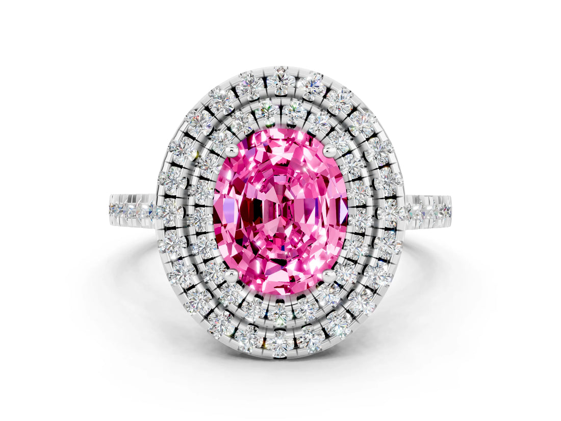 White gold Double Halo Oval Cut Pink Sapphire Pavé Band with Four-Prong Setting_24