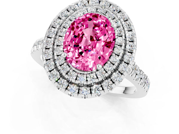 Platinum Double Halo Oval Cut Pink Sapphire Pavé Band with Four-Prong Setting