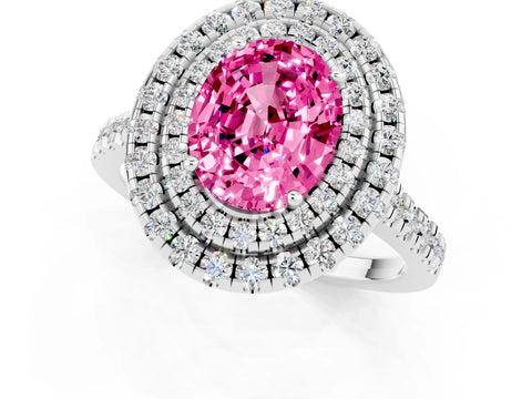 White gold Double Halo Oval Cut Pink Sapphire Pavé Band with Four-Prong Setting_25
