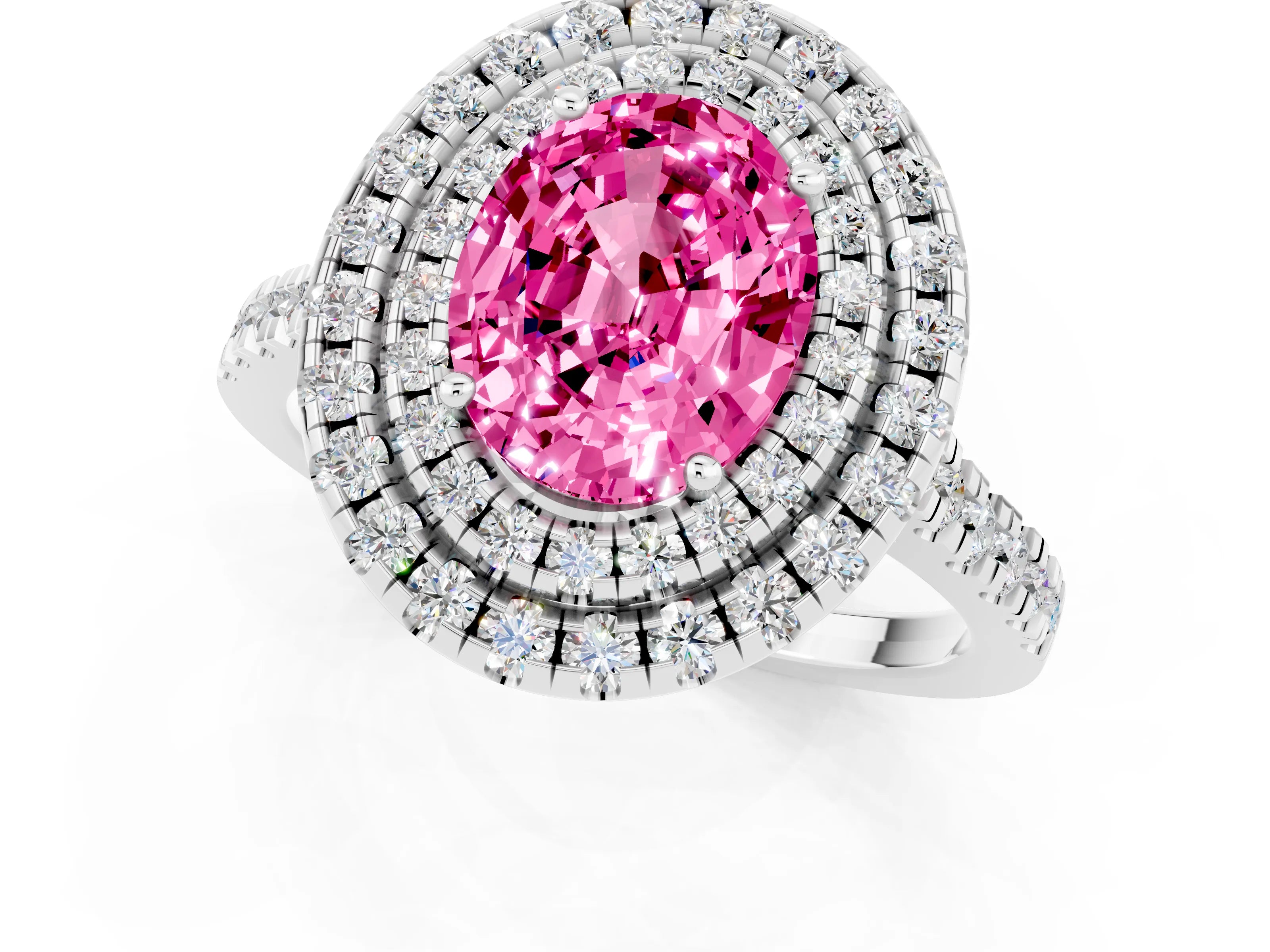 White gold Double Halo Oval Cut Pink Sapphire Pavé Band with Four-Prong Setting_25