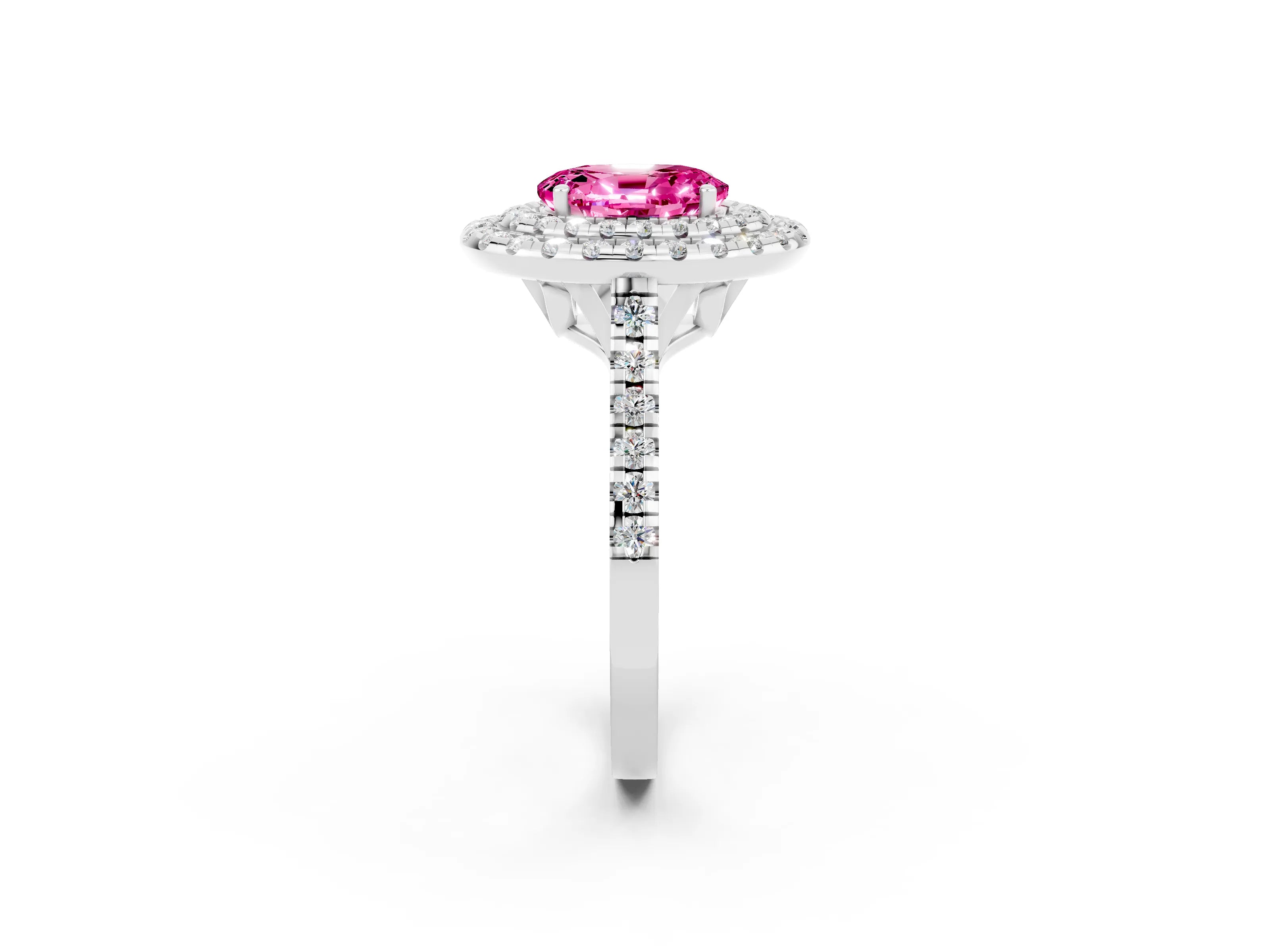 White gold Double Halo Oval Cut Pink Sapphire Pavé Band with Four-Prong Setting_26