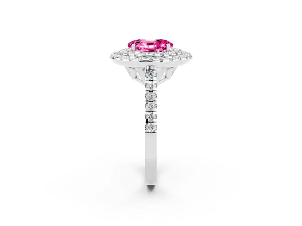 Platinum Double Halo Oval Cut Pink Sapphire Pavé Band with Four-Prong Setting