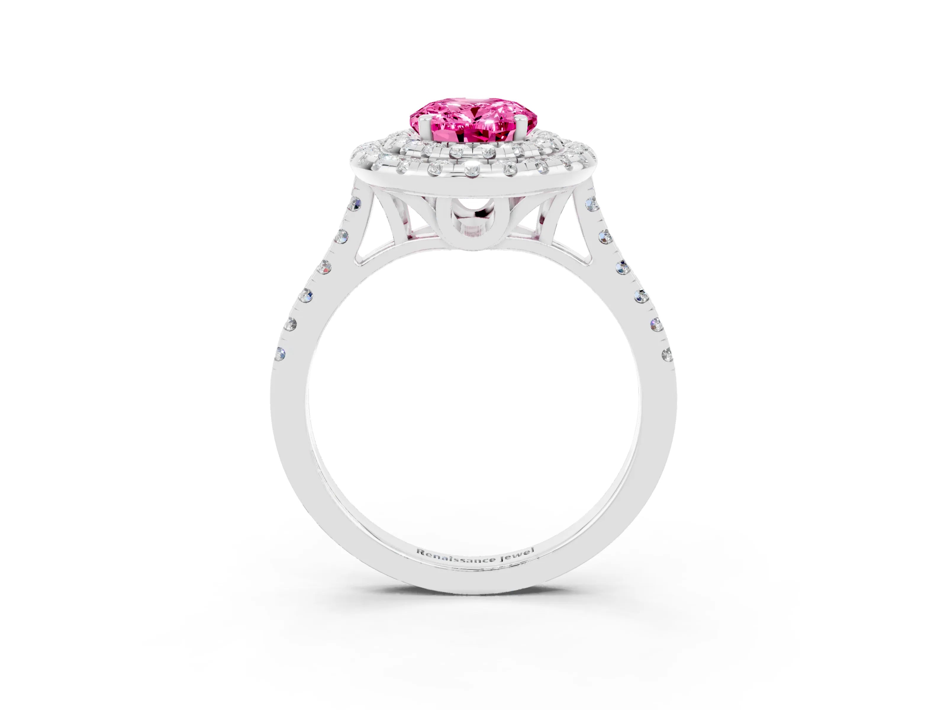 White gold Double Halo Oval Cut Pink Sapphire Pavé Band with Four-Prong Setting_27