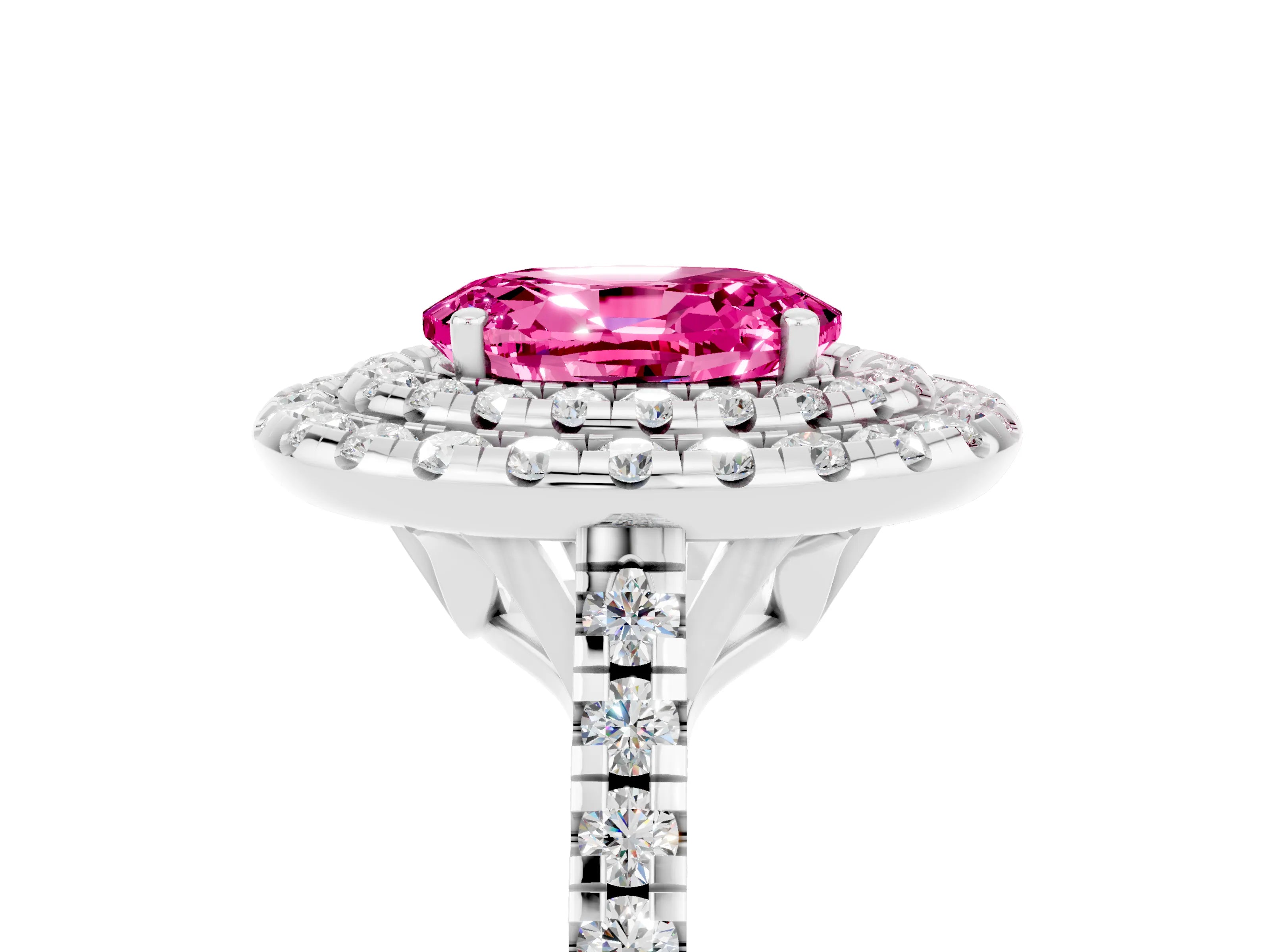 White gold Double Halo Oval Cut Pink Sapphire Pavé Band with Four-Prong Setting_29