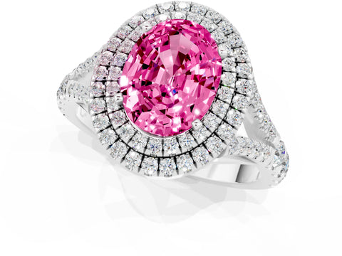 White gold Double Halo Oval Cut Pink Sapphire Pavé Split Shank Ring with Prong Setting_1