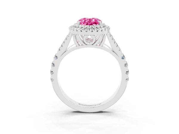 Silver Double Halo Oval Cut Pink Sapphire Pavé Split Shank Ring with Prong Setting
