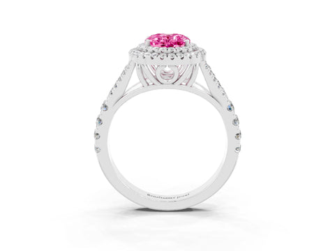 White gold Double Halo Oval Cut Pink Sapphire Pavé Split Shank Ring with Prong Setting_3