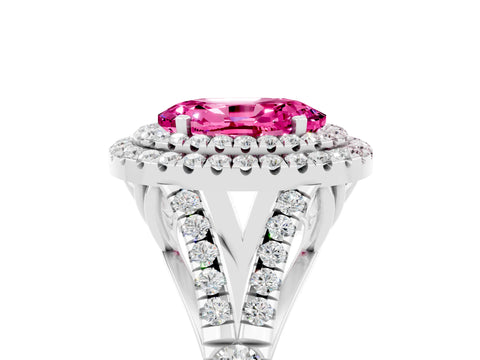 White gold Double Halo Oval Cut Pink Sapphire Pavé Split Shank Ring with Prong Setting_5