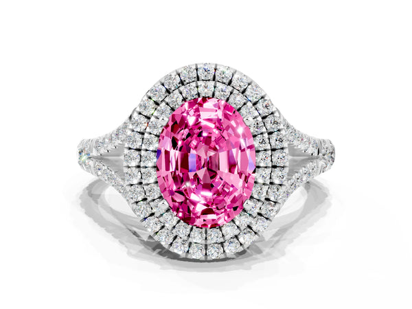 Silver Double Halo Oval Cut Pink Sapphire Pavé Split Shank Ring with Prong Setting