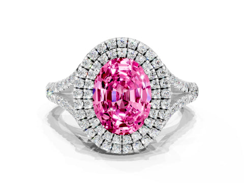 White gold Double Halo Oval Cut Pink Sapphire Pavé Split Shank Ring with Prong Setting