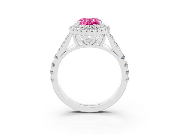 Platinum Double Halo Oval Cut Pink Sapphire Split Shank Engagement Ring with Four-Prong Setting