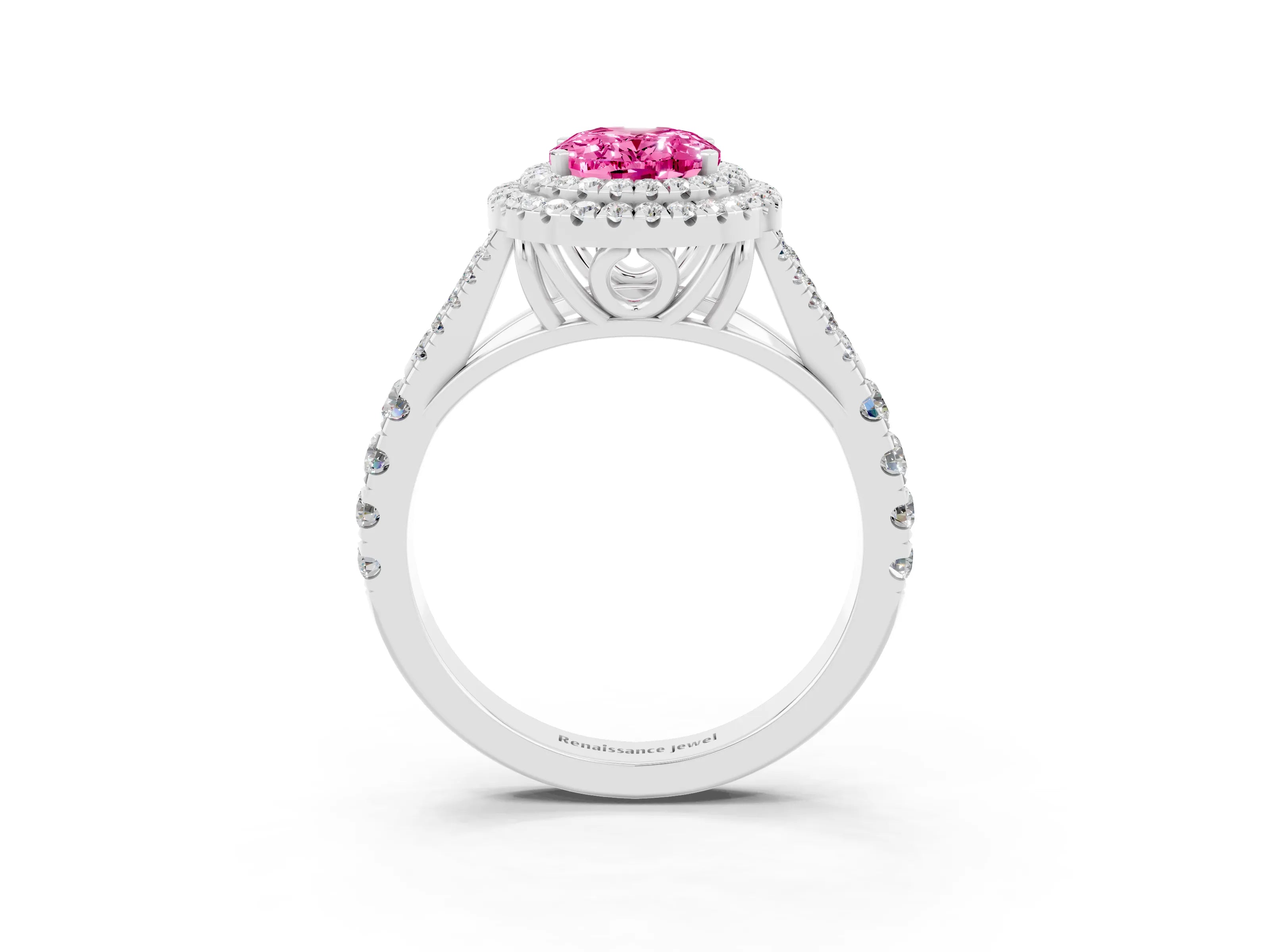 White gold Double Halo Oval Cut Pink Sapphire Split Shank Engagement Ring with Four-Prong Setting_3