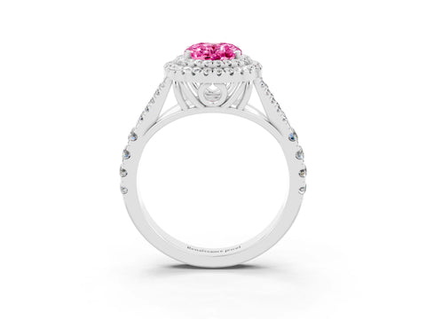 White gold Double Halo Oval Cut Pink Sapphire Split Shank Engagement Ring with Four-Prong Setting_3