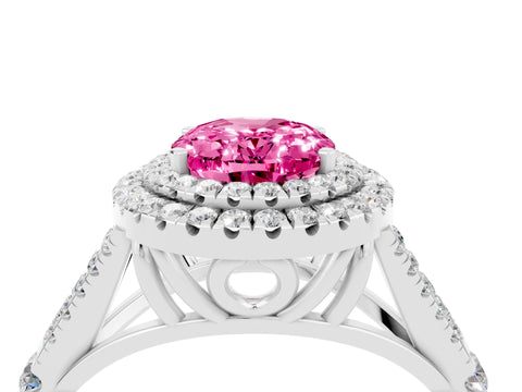 White gold Double Halo Oval Cut Pink Sapphire Split Shank Engagement Ring with Four-Prong Setting_4