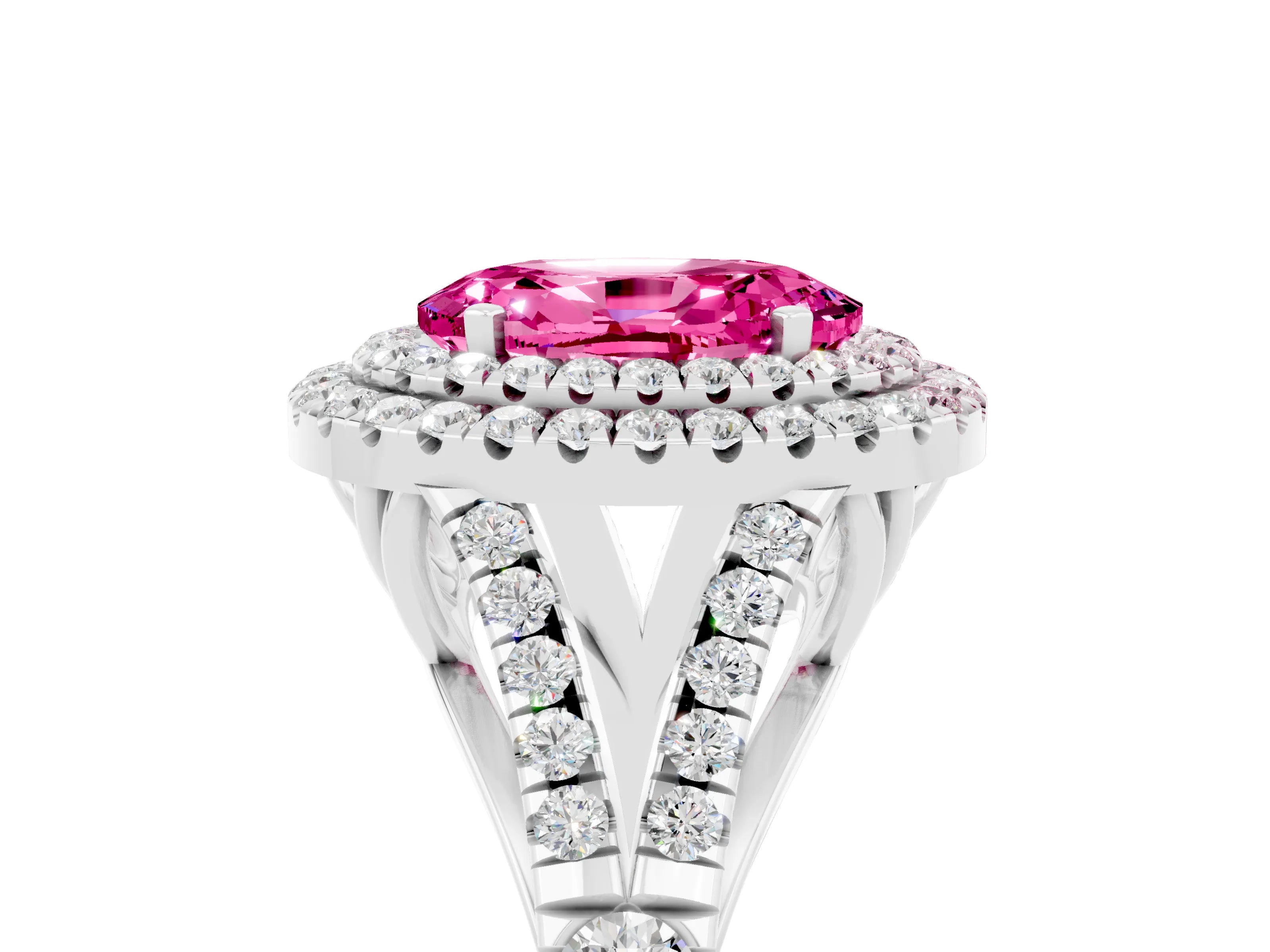 White gold Double Halo Oval Cut Pink Sapphire Split Shank Engagement Ring with Four-Prong Setting_5