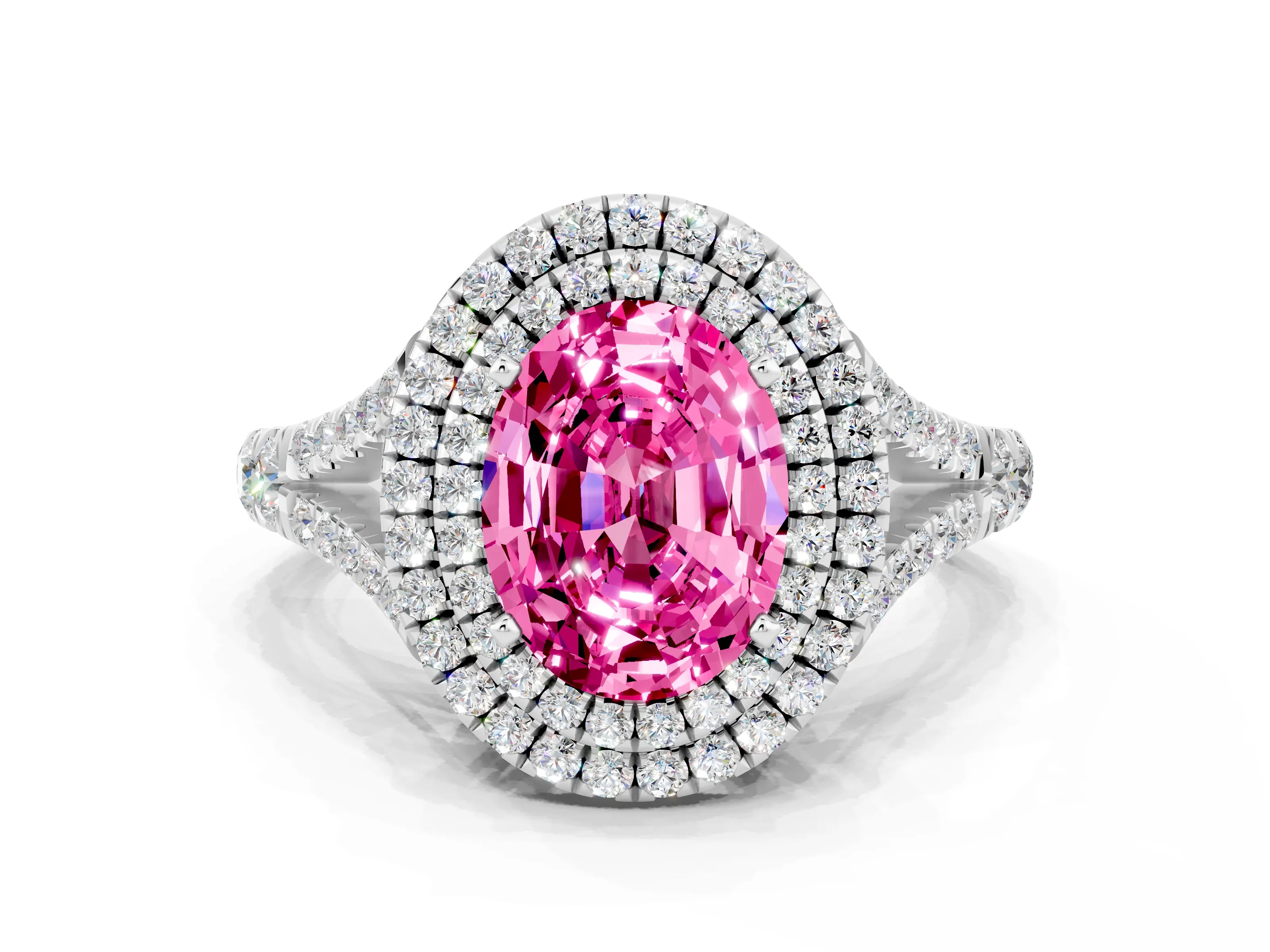 White gold Double Halo Oval Cut Pink Sapphire Split Shank Engagement Ring with Four-Prong Setting