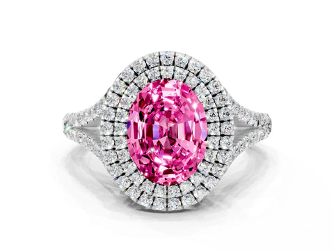 White gold Double Halo Oval Cut Pink Sapphire Split Shank Engagement Ring with Four-Prong Setting