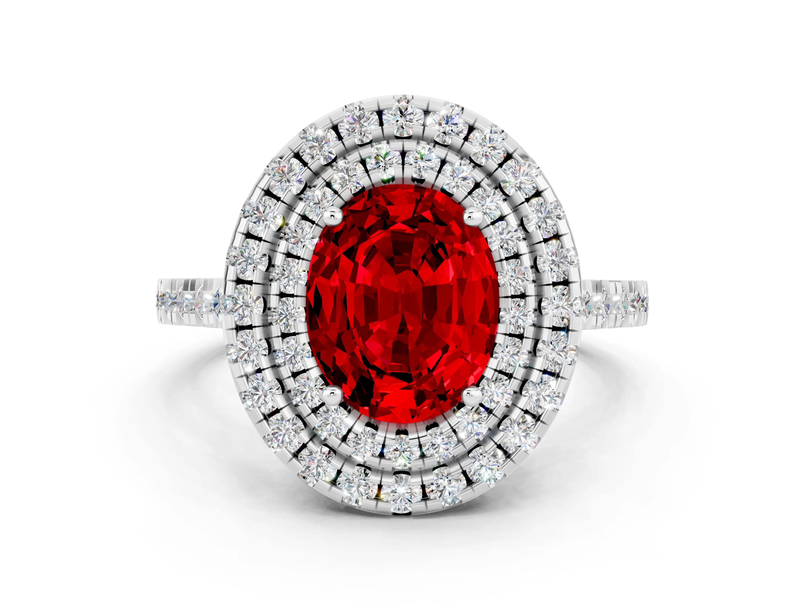 White gold Double Halo Oval Cut Ruby Pavé Band with Four-Prong Setting