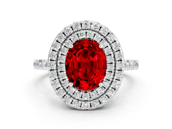 Platinum Double Halo Oval Cut Ruby Pavé Band with Four-Prong Setting