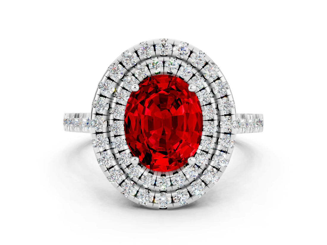 White gold Double Halo Oval Cut Ruby Pavé Band with Four-Prong Setting