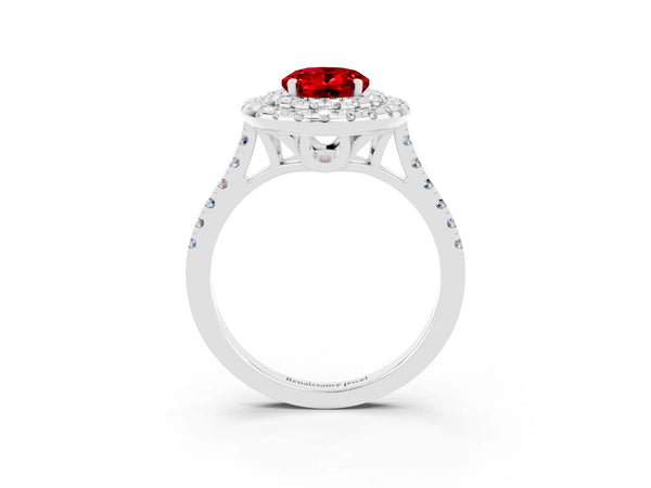 Platinum Double Halo Oval Cut Ruby Pavé Band with Four-Prong Setting