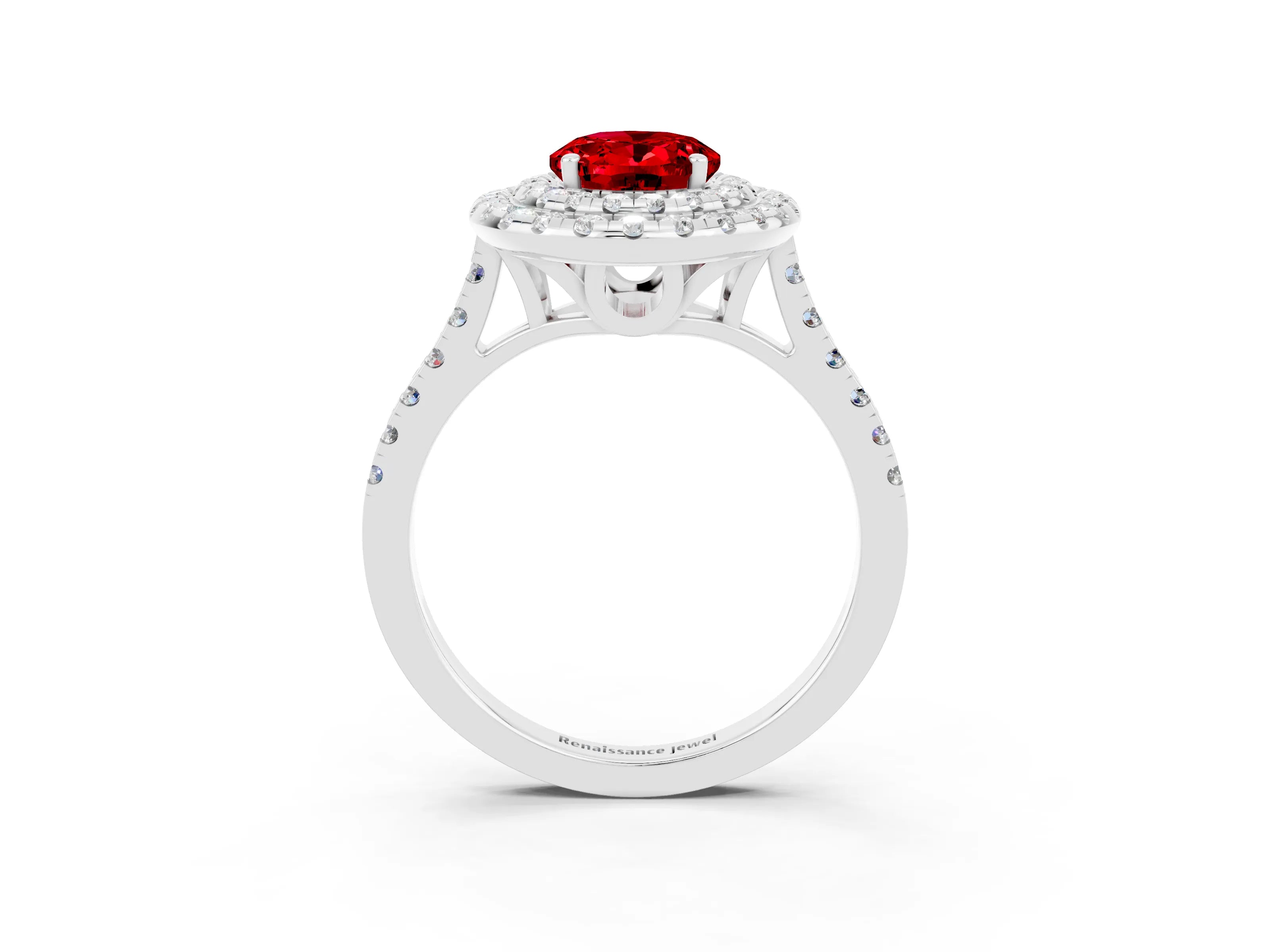 White gold Double Halo Oval Cut Ruby Pavé Band with Four-Prong Setting_3