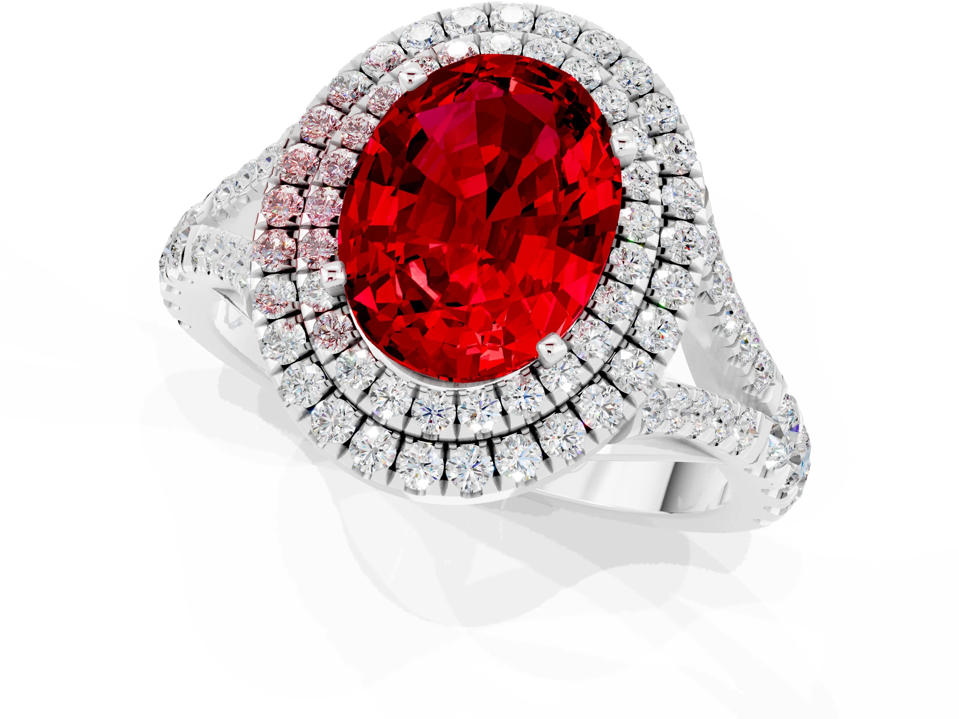 White gold Double Halo Oval Cut Ruby Pavé Split Shank Ring with Prong Setting_1