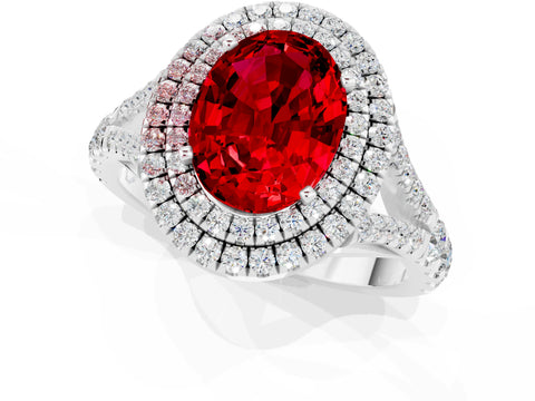 White gold Double Halo Oval Cut Ruby Pavé Split Shank Ring with Prong Setting_1