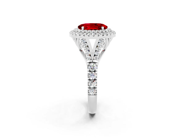 White gold Double Halo Oval Cut Ruby Pavé Split Shank Ring with Prong Setting