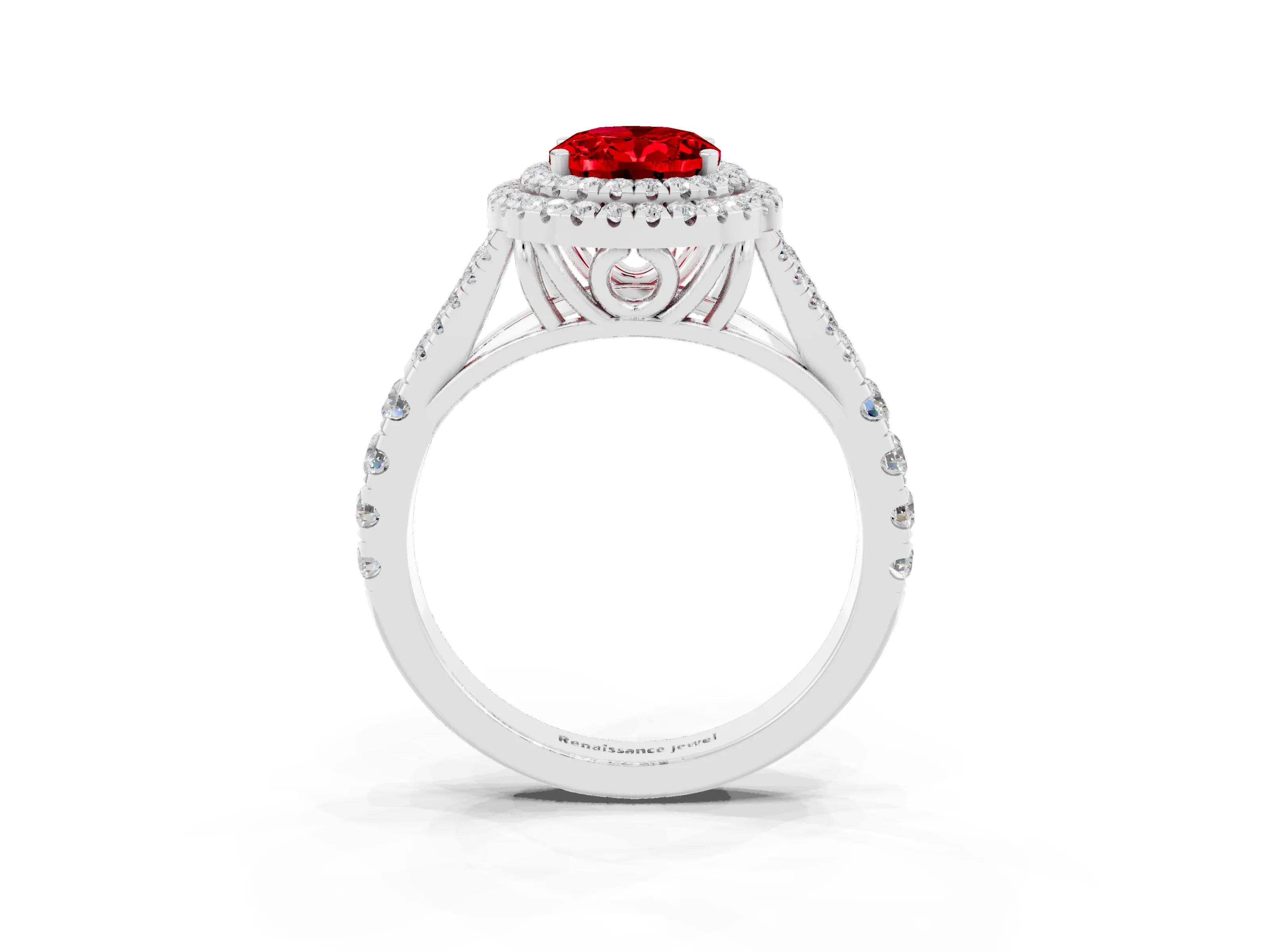 White gold Double Halo Oval Cut Ruby Pavé Split Shank Ring with Prong Setting_3