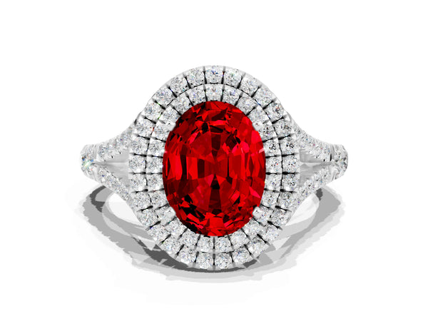 White gold Double Halo Oval Cut Ruby Pavé Split Shank Ring with Prong Setting