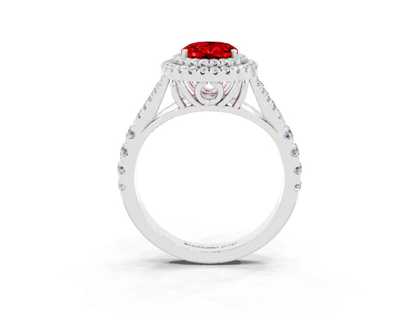 White gold Double Halo Oval Cut Ruby Pavé Split Shank Ring with Prong Setting