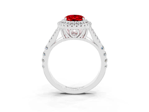 White gold Double Halo Oval Cut Ruby Pavé Split Shank Ring with Prong Setting_3