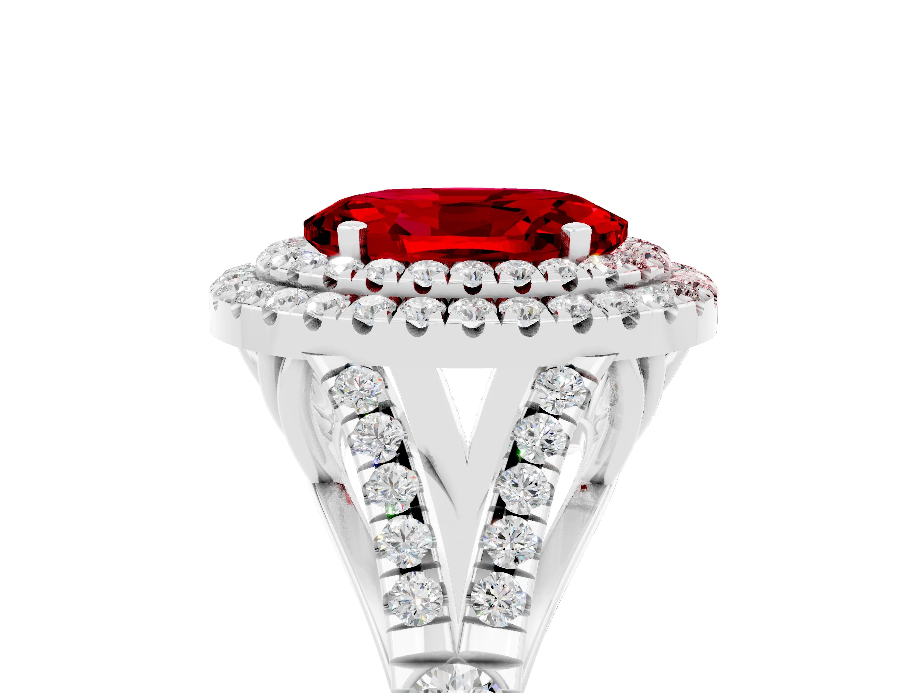 White gold Double Halo Oval Cut Ruby Pavé Split Shank Ring with Prong Setting_5