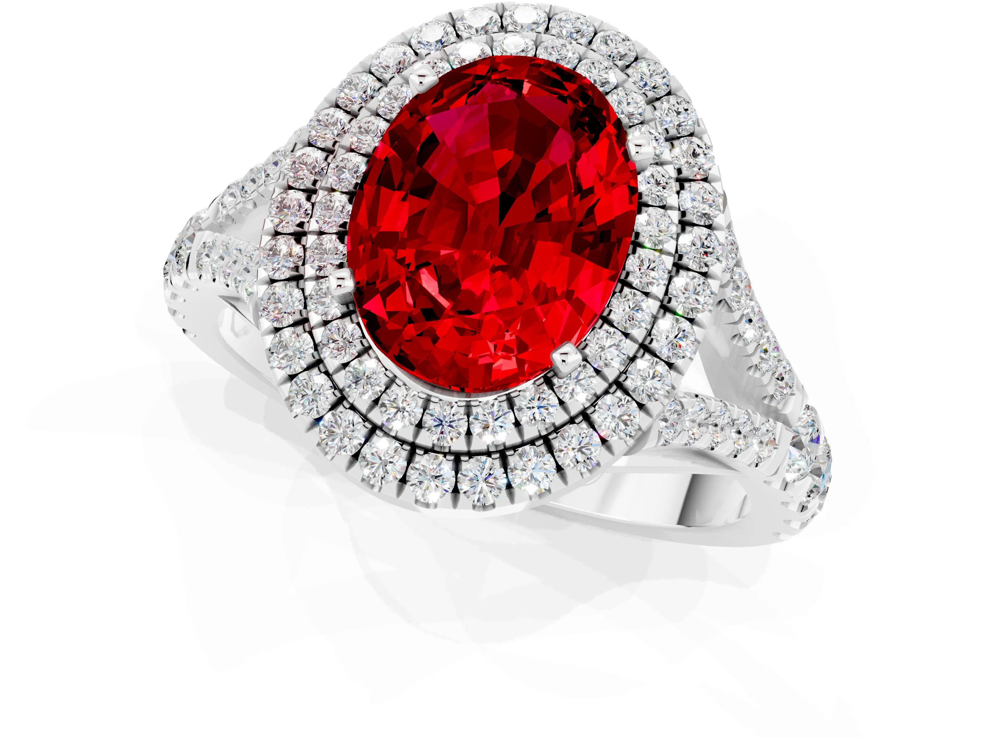 White gold Double Halo Oval Cut Ruby Split Shank Engagement Ring with Four-Prong Setting_1
