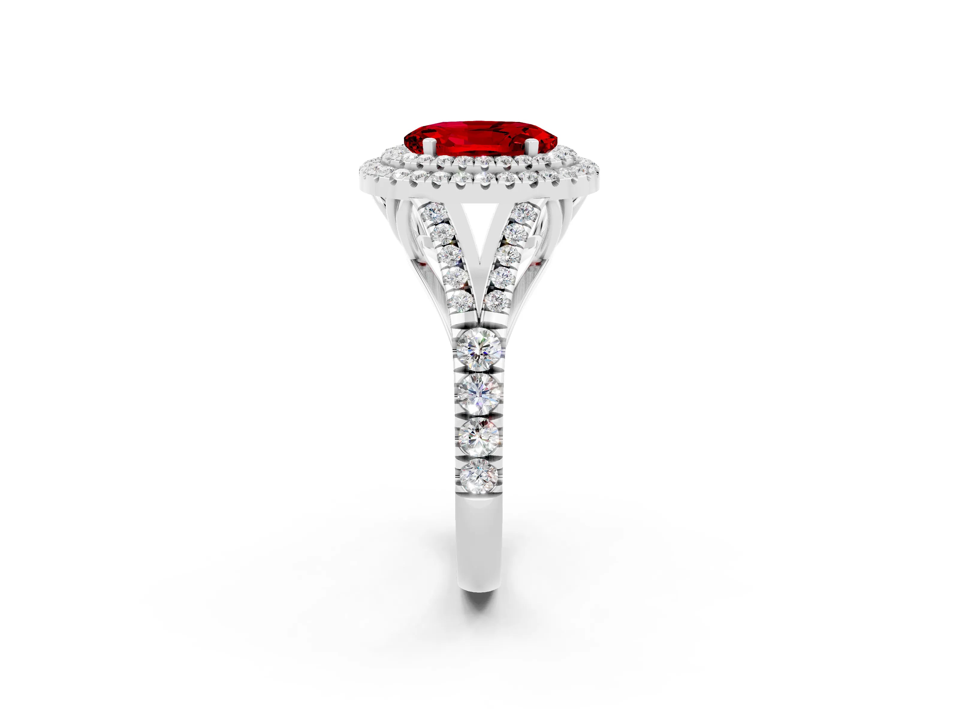 White gold Double Halo Oval Cut Ruby Split Shank Engagement Ring with Four-Prong Setting_2