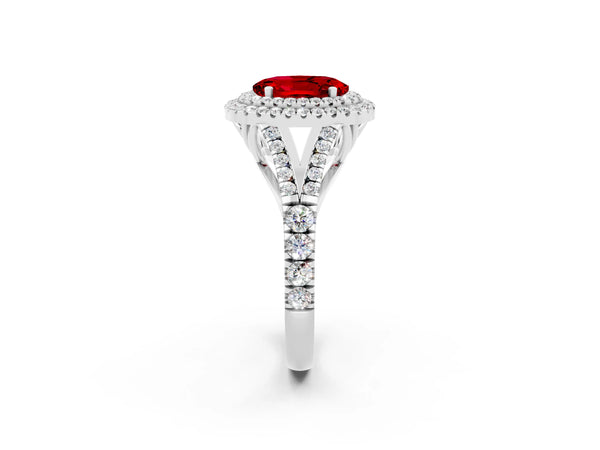 White gold Double Halo Oval Cut Ruby Split Shank Engagement Ring with Four-Prong Setting