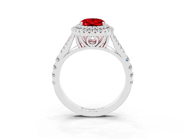 Platinum Double Halo Oval Cut Ruby Split Shank Engagement Ring with Four-Prong Setting
