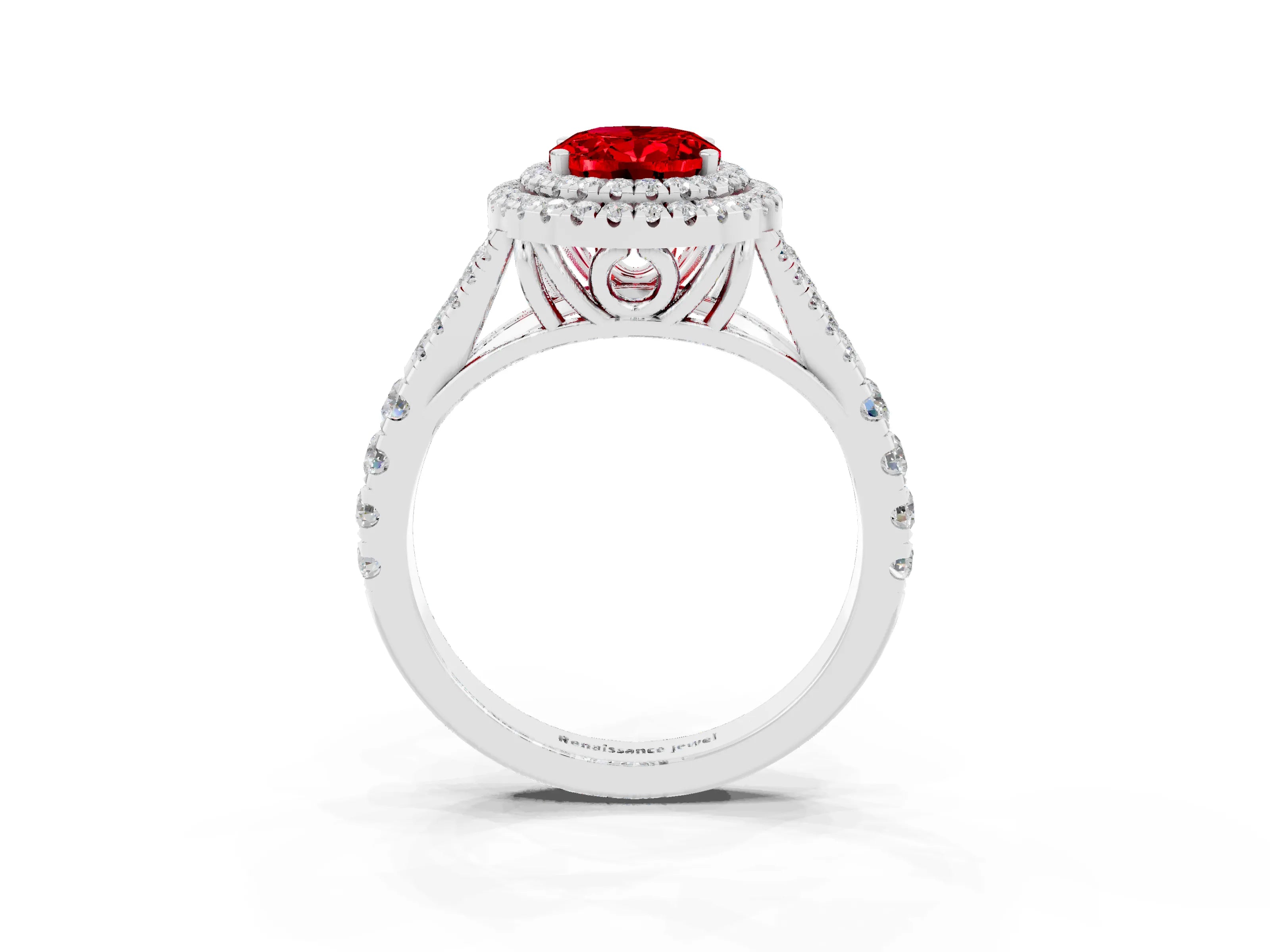 White gold Double Halo Oval Cut Ruby Split Shank Engagement Ring with Four-Prong Setting_3