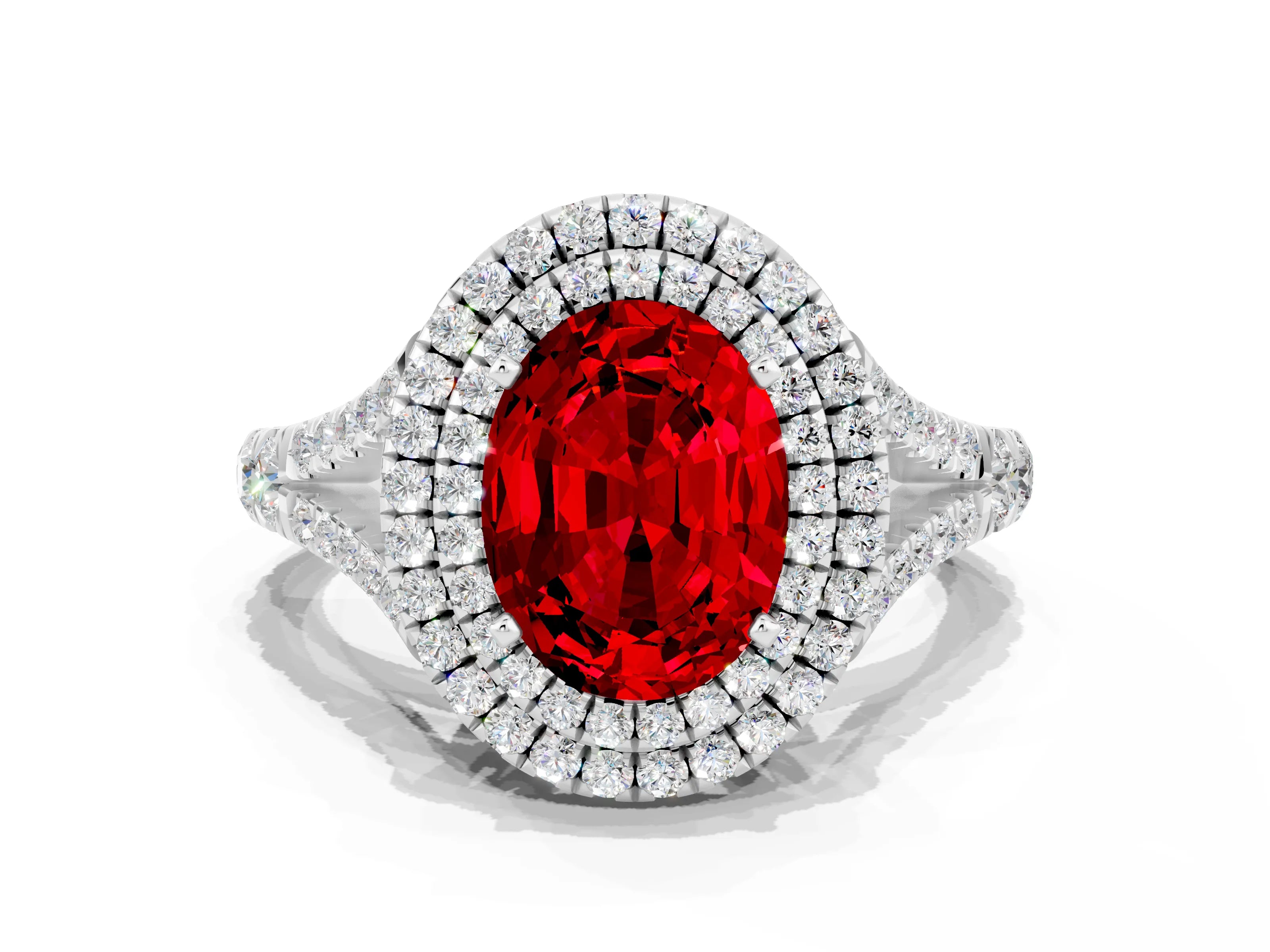 White gold Double Halo Oval Cut Ruby Split Shank Engagement Ring with Four-Prong Setting
