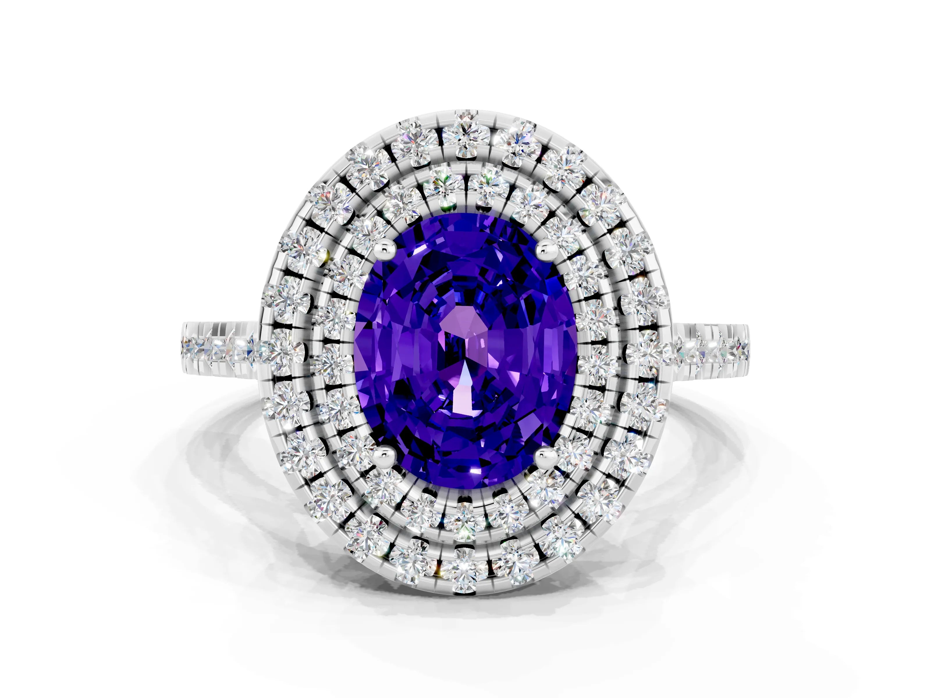 White gold Double Halo Oval Cut Tanzanite Pavé Band with Four-Prong Setting