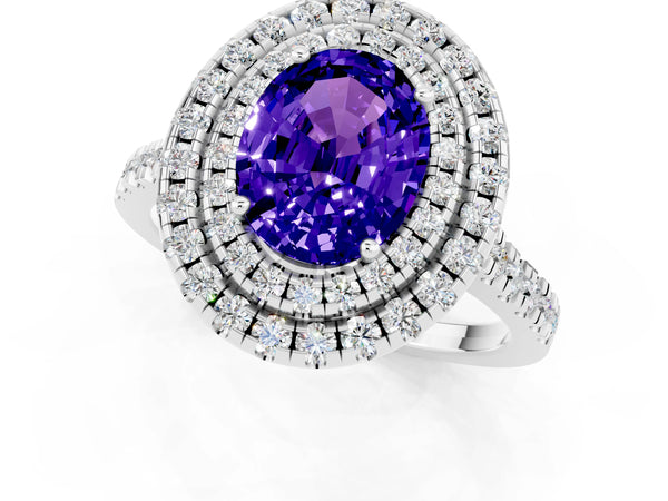 Platinum Double Halo Oval Cut Tanzanite Pavé Band with Four-Prong Setting