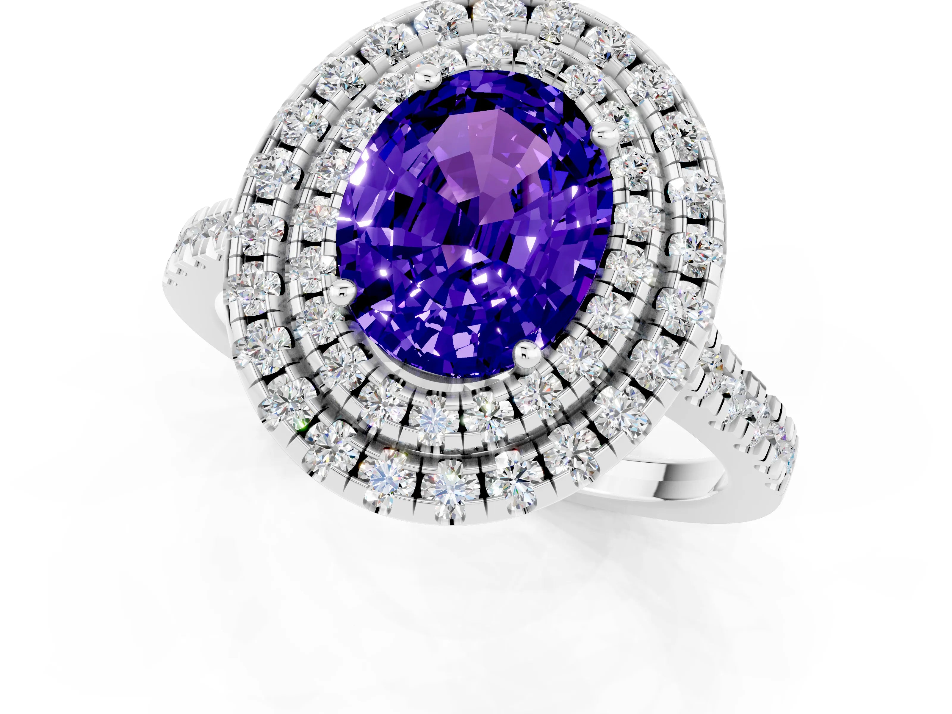 White gold Double Halo Oval Cut Tanzanite Pavé Band with Four-Prong Setting_1