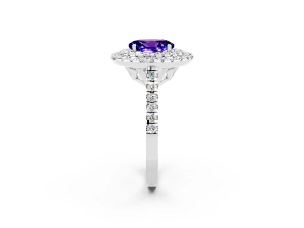 Platinum Double Halo Oval Cut Tanzanite Pavé Band with Four-Prong Setting