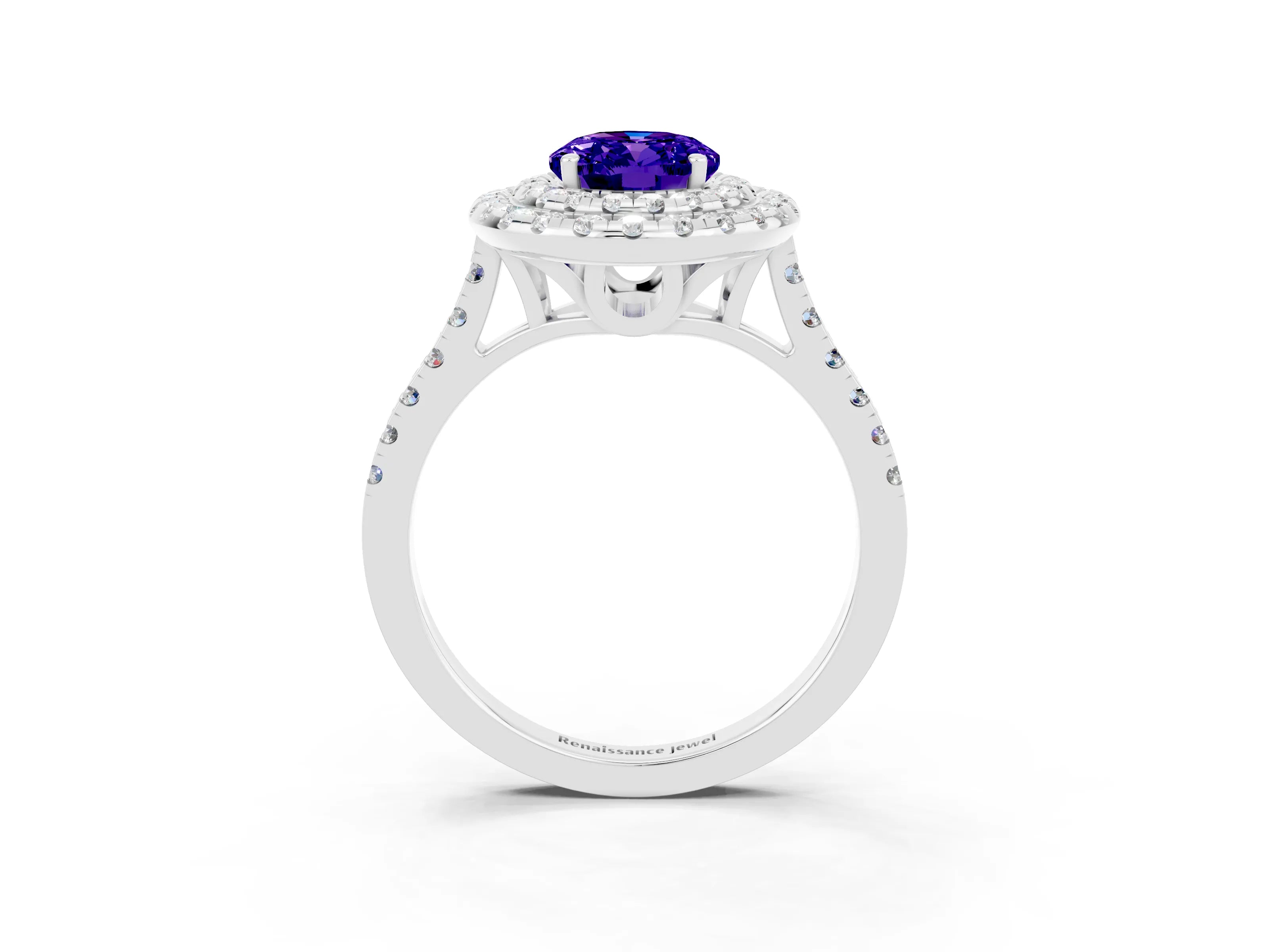 White gold Double Halo Oval Cut Tanzanite Pavé Band with Four-Prong Setting_3