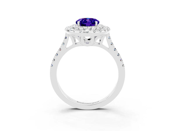 Platinum Double Halo Oval Cut Tanzanite Pavé Band with Four-Prong Setting