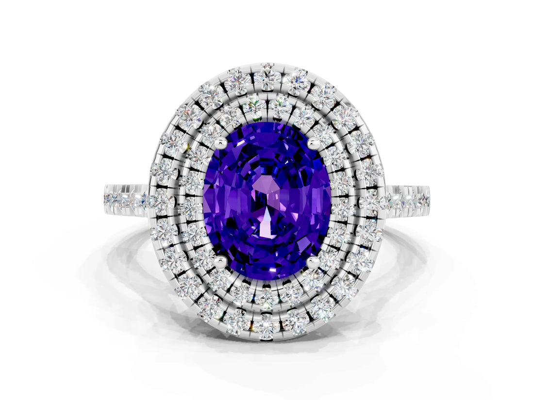 White gold Double Halo Oval Cut Tanzanite Pavé Band with Four-Prong Setting