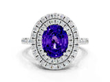 White gold Double Halo Oval Cut Tanzanite Pavé Band with Four-Prong Setting